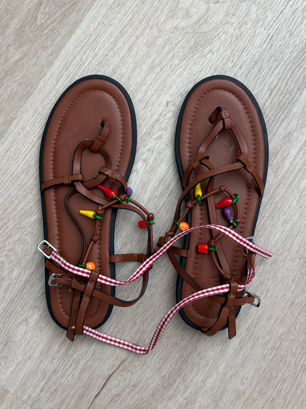Zara Brown Strappy Sandals with Colorful pepper embellishment and Gingham Ties